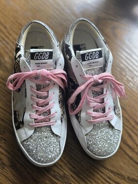 GGDB Golden Goose Silver Glitter & Snake Print Sneakers with Pink Laces